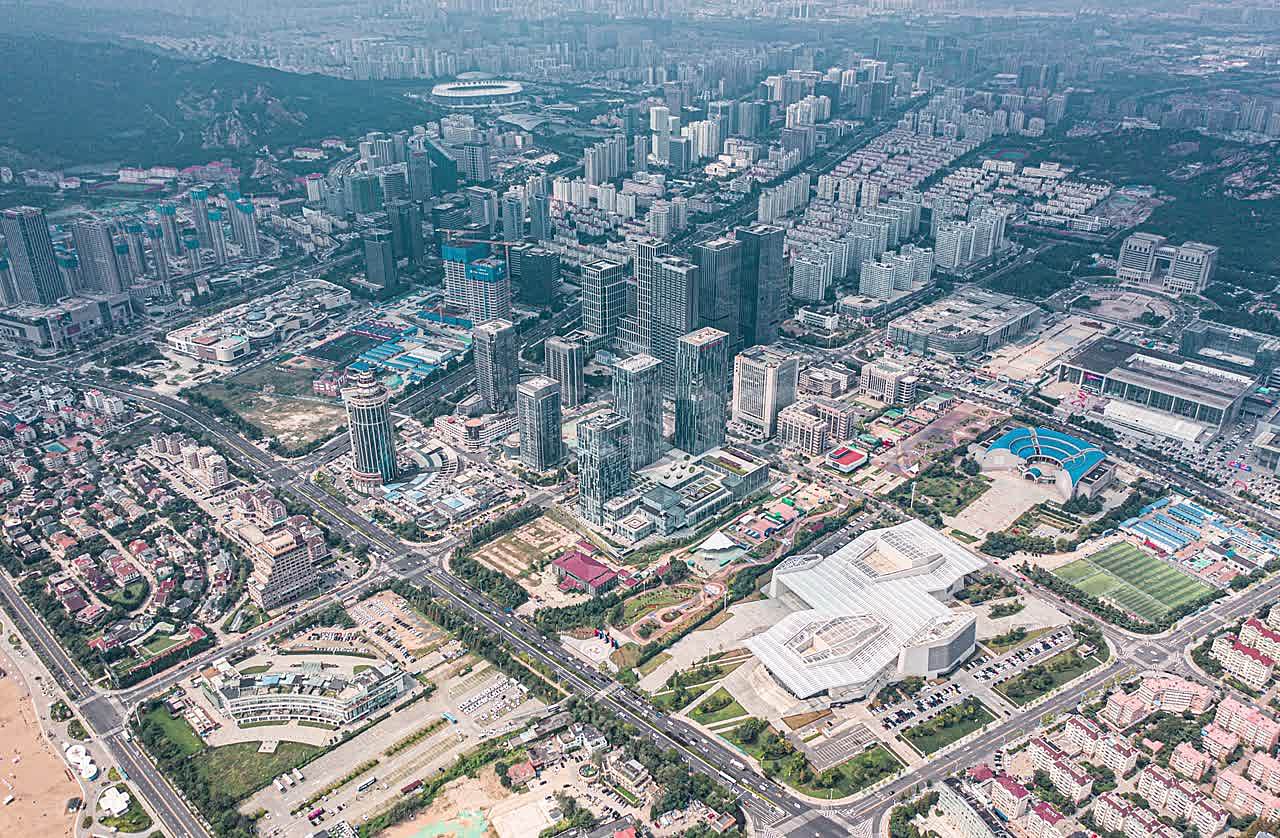 青岛市金家岭街道航拍延时日景俯瞰
